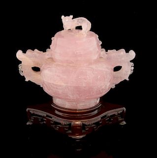 Chinese carved rose quartz censer and cover with dragon mask handles and finial, on hardwood base, 1