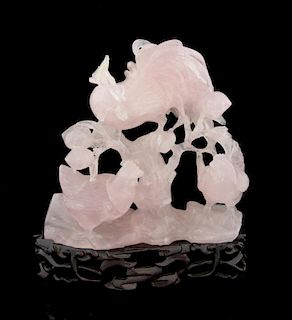 Chinese carved rose quartz figural group of three hens amongst foliage, on hardwood base, 16cm high,