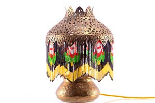 1890 Art Nouveau Beaded Etched Brass Oil Lamp