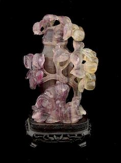Chinese purple banded fluorite vase and cover carved with cherries and kittens, on hardwood base, 19