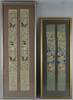 Pair of silk sleeve panels each embroidered with three butterflies and flowers and foliage, 72cm x 7