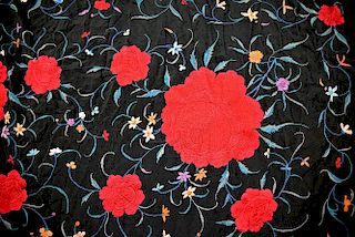 1920's Chinese for export silk shawl profusely embroidered with peony flowers on black ground  and w