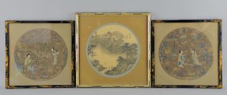 Pair of Chinese silk and bullion thread embroideries of courtesans in a formal garden and a Chinese