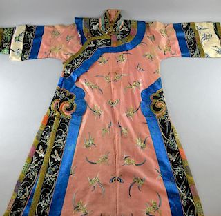 Chinese summer robe, pink gauze with polychrome embroidery of floral sprigs and butterflies, double