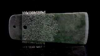 Spinach Green Jade Axe Head, of archaic bronze form, pierced with two fixing holes carved in low rel