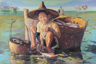Wei Ming.  Lo Hing Kwok Hong Kong School - picture of a young boy collecting fish on a seashore, boa