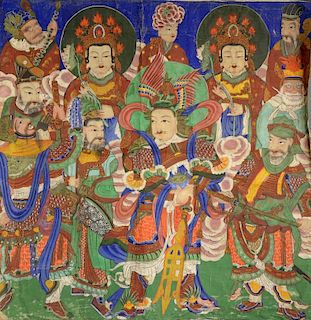 Chinese painting depicting figures in costume, some holding weapons, others with flowers, 129cm x 13