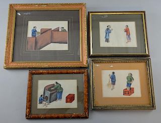 Four 19th century Chinese paintings on rice paper of figures at various pursuits, largest 15cm x 20c