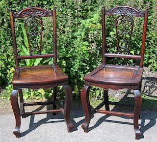 Pair of 19th century padouk  Chinese chairs  with pierced splat backs on cabriole legs