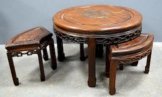 Chinese circular hardwood table with four quarter tables below, diameter 76cm, 49cm high,