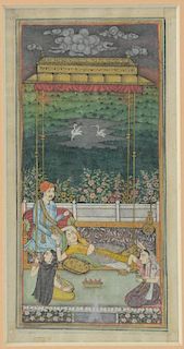 Indian miniature painting depicting four figures beneath a canopy with cranes in flight in the dista