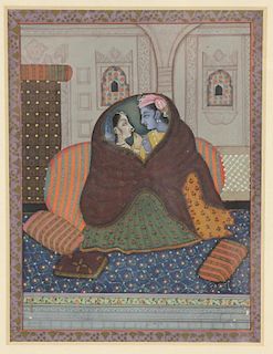 Indian miniature painting depicting a man and woman wrapped in a bed spread in a palace, 23.5cm x 18