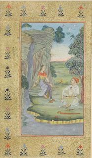 Indian miniature painting depicting a man and woman drinking beside a waterfall, the man's weapons,