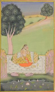Indian miniature painting depicitng a woman on a rug with bolster cushion beneath a tree, with lily