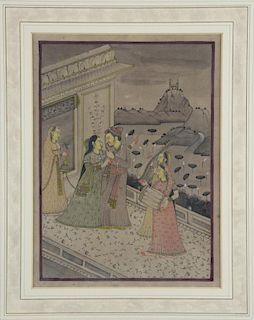 19th century Indian miniature painting depicting a gentleman and his consort, another woman carrying