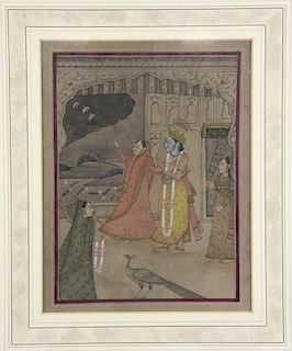 19th century Indian miniature painting depicting a man with a pale face and a long garlanded necklac
