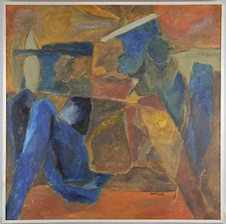 Shamshad Husain, Indian b.1946, abstract composition with two blue nudes, signed, oil on canvas, ins