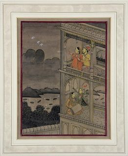 19th century Indian miniature painting depicting a gentleman and a lady on a balcony watching three