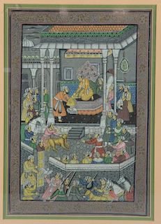 Indian miniature painting on fabric depicting a court scene with figures, some with tethered beasts,