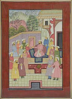 Indian miniature painting on fabric depicting a court scene with a group of men gathered around a ce