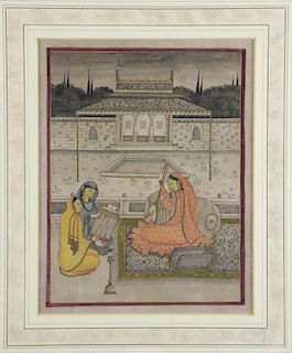 19th century Indian miniature painting depicting three ladies playing musical instruments in a court