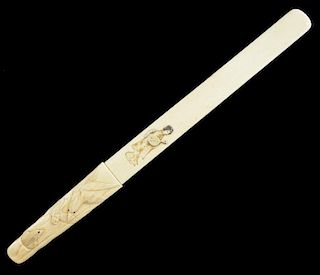 Japanese ivory and shibayama page turner, the handle carved with a bird feeding it's young and inlai