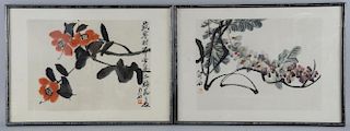 Qi Baishi two hand-coloured woodblock prints of flowering branches, 23cm x30cm,