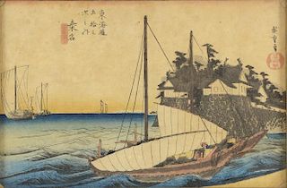 Utagawa Hiroshige  (1797-1858) Japanese woodblock print  'Kuwana' (42nd station : Kuwana) from the s