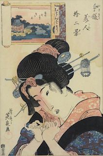 Eisen (1790-1848), Japanese woodblock print depicting a lady with a paper crane, 45cm x 34cm,