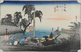 Utagawa Hiroshige, (1797-1858), Japanese woodblock print depicting figures by a lake, calligraphy an