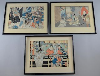 Toyokuni, set of three Japanese woodblock prints, one depicting a woman being beaten, another of a m