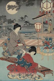 Unknown artist, unsigned Japanese woodblock print depicting three ladies, one playing a Koto, 48cm x