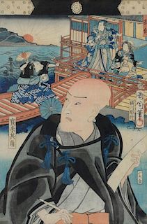 Unknown artist, signed Japanese woodblock print depicting a figure in the foreground and three other