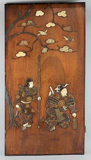 Japanese hardwood panel with overlaid lacquered, ivory and mother of pearl decoration of two Samurai