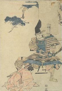 Unknown artist, Japanese woodblock print depicting a Samurai warrior, 42cm x 31cm,