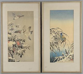 Tsuchiya Koitsu (1870-1949), Japanese woodblock print depicting three sparrows, 48cm x 27cm and Taki