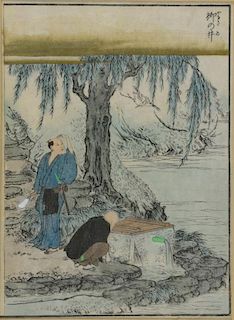 Unknown artist, signed Japanese wood block print depicting two men by a tree, 51.5cm x 36.5cm,