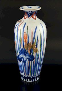 Japanese Imari vase decorated with gilt cranes and irises  among green, blue and red reeds, 30cm hig