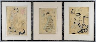 Three late 19th/ early 20th century Japanese woodblock prints depicting Geishas, each 33.5cm x 22cm,