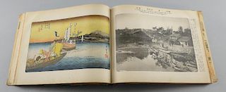 Book of Japanese woodblock prints after Ando Hiroshige with photographs of the places on the opposit