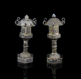 Pair of Japanese Sterling silver salt and pepper castors in the form of standing lanterns with embos