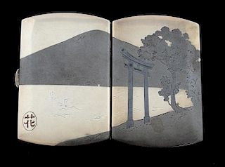 Japanese silver cigarette case, the interior and exterior decorated with mirrored landscape scenes,
