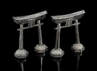 Pair of Japanese Sterling silver salt and pepper castors in the form of Torii, marked 'Asahi 950', 7