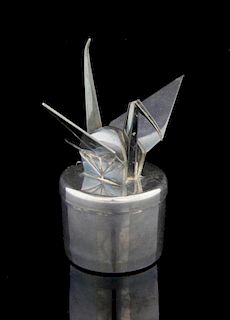 Japanese Sterling silver salt and cover, the finial in the form of an Origami bird, marked 'Miyamoto