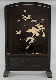 Japanese ebonised fire screen with overlaid bone decoration of a bird of prey, 86.5cm high, and a tw