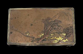 Late 19th/ early 20th century Japanese silver cigarette box, the cover with coloured metal decoratio