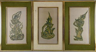Three 20th century Far Eastern brass rubbings depicting figures in different poses, 51cm x 26.5cm,