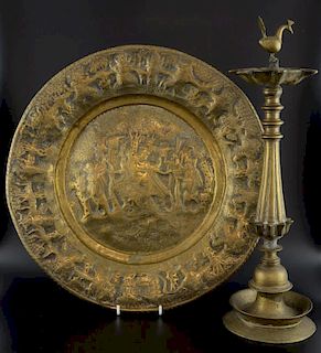 Eastern brass incense burner with bird finial, 52cm high, and a brass tray embossed with figures, 47
