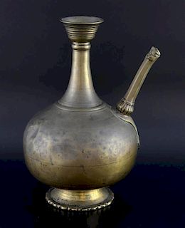 18th century Persian brass rosewater bottle with beast mask spout, 26.5cm high,