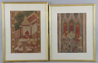 Two Thai paintings, the first depicting figures and musicians, the other with figures at a temple, f